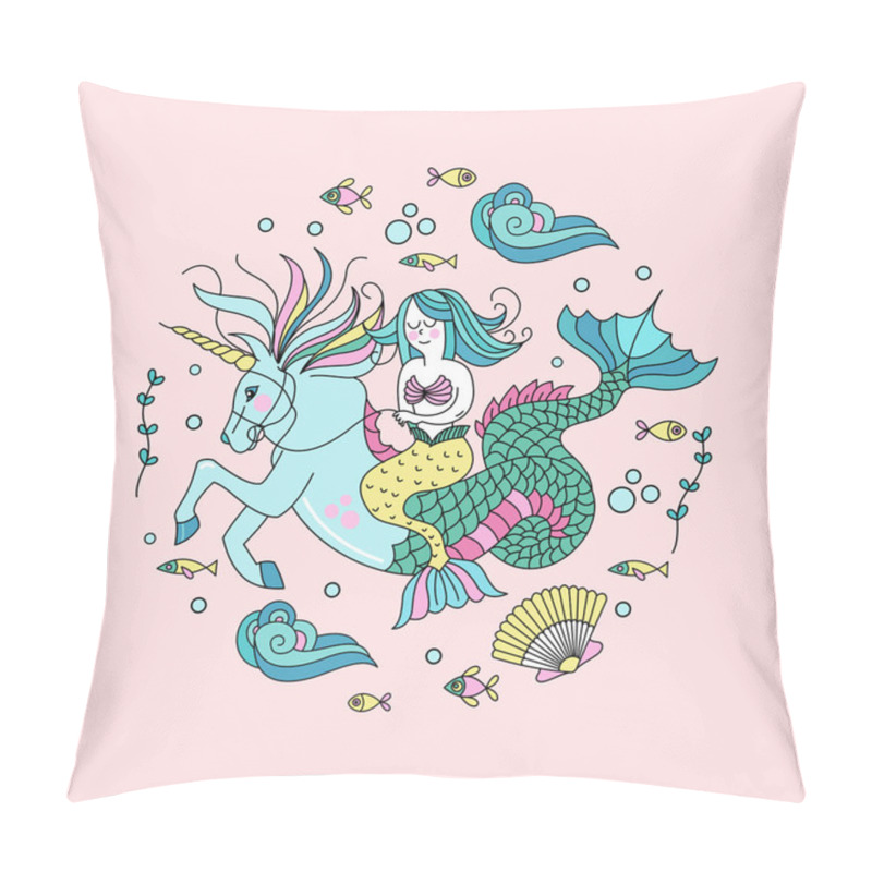 Personality  Mermaid, Mythological Creature. Mermaid Riding A Sea Unicorn. Su Pillow Covers