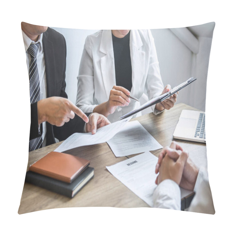 Personality  Employer Or Committee Holding Reading A Resume With Talking Duri Pillow Covers