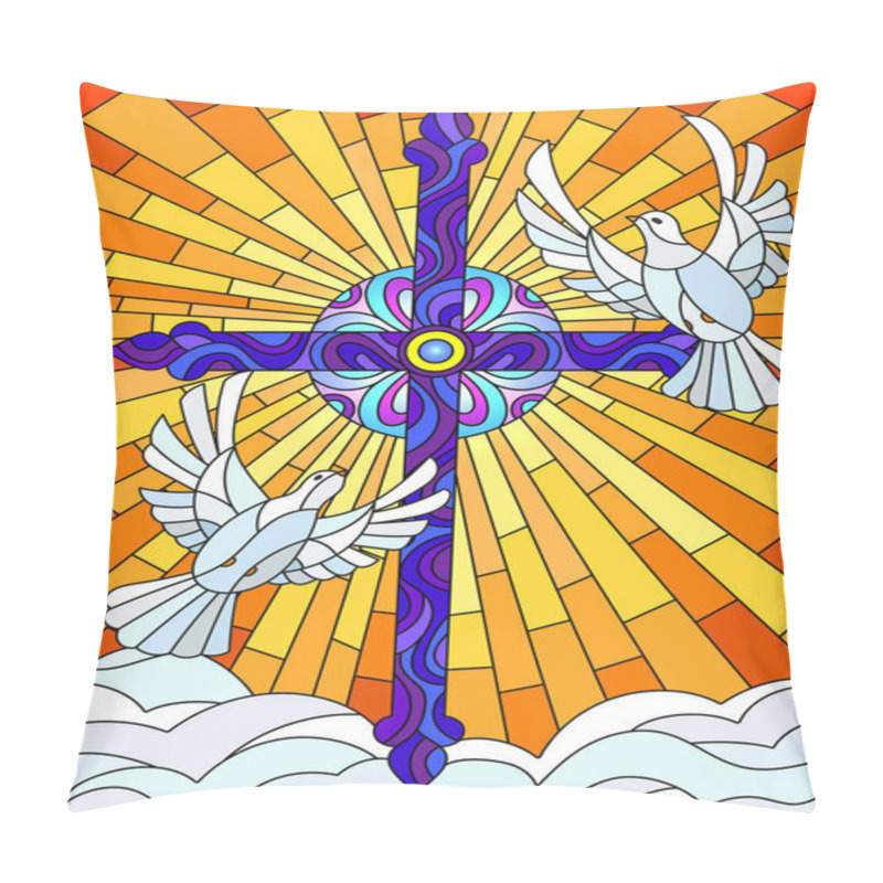 Personality  Illustration With A Cross And A Pair Of White Doves In The Stained Glass Style Pillow Covers