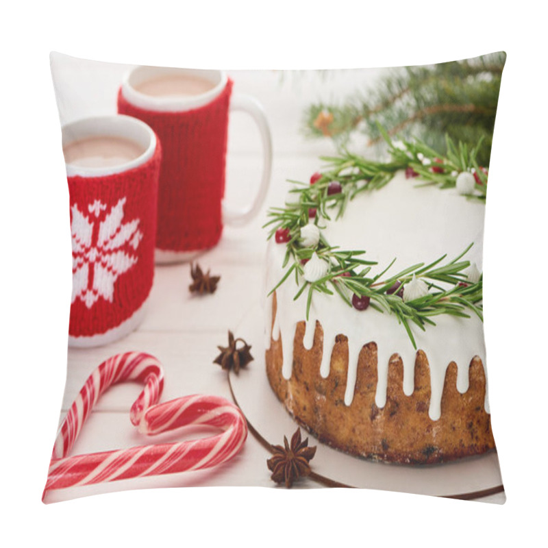 Personality  Candy Canes, Christmas Pie With Icing And Two Cups Of Coffee On White Wooden Table  Pillow Covers