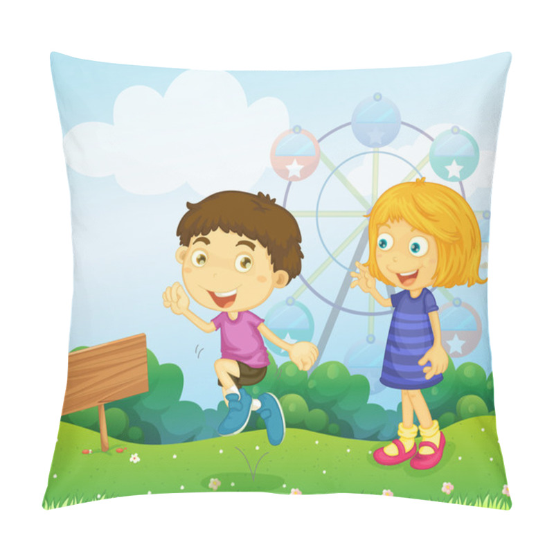 Personality  A Boy And A Girl Playing Near An Empty Signboard Pillow Covers