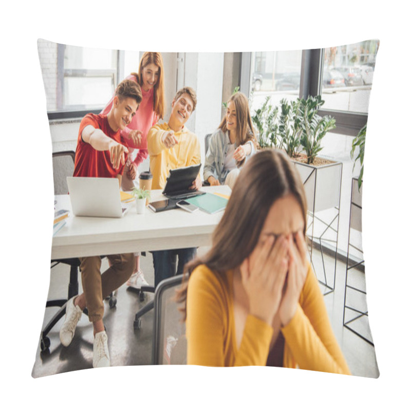 Personality  Schoolchildren Laughing While Bullying Sad Girl On Foreground Pillow Covers