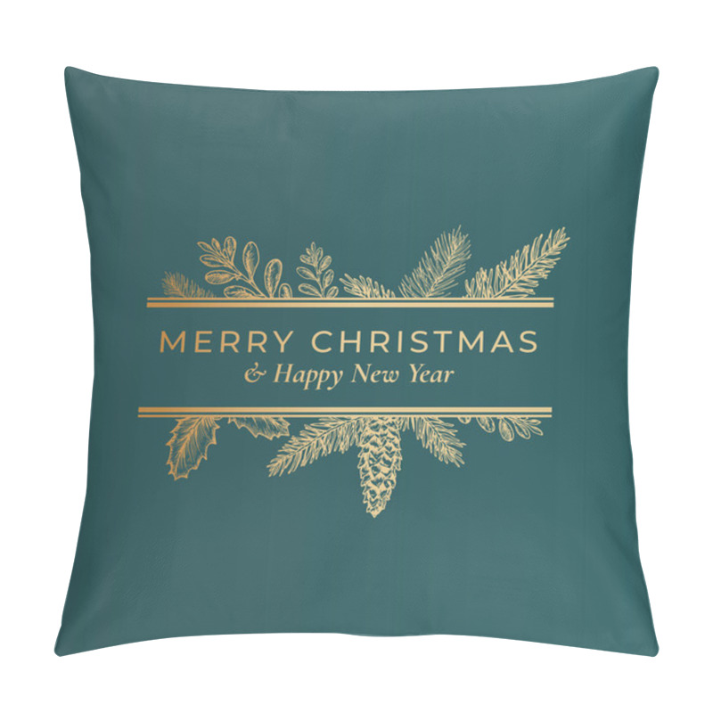 Personality  Christmas Abstract Botanical Label With Rectangle Frame Banner And Modern Typography. Classy Green And Golden Colors Greeting Layout. Holiday Social Media Post Template. Pillow Covers