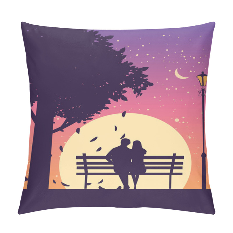 Personality  Couple Lovers On Bench In Park, Under Tree, Autumn. Sunset, Night, Stars. Vector Illustration Silhouette Pillow Covers