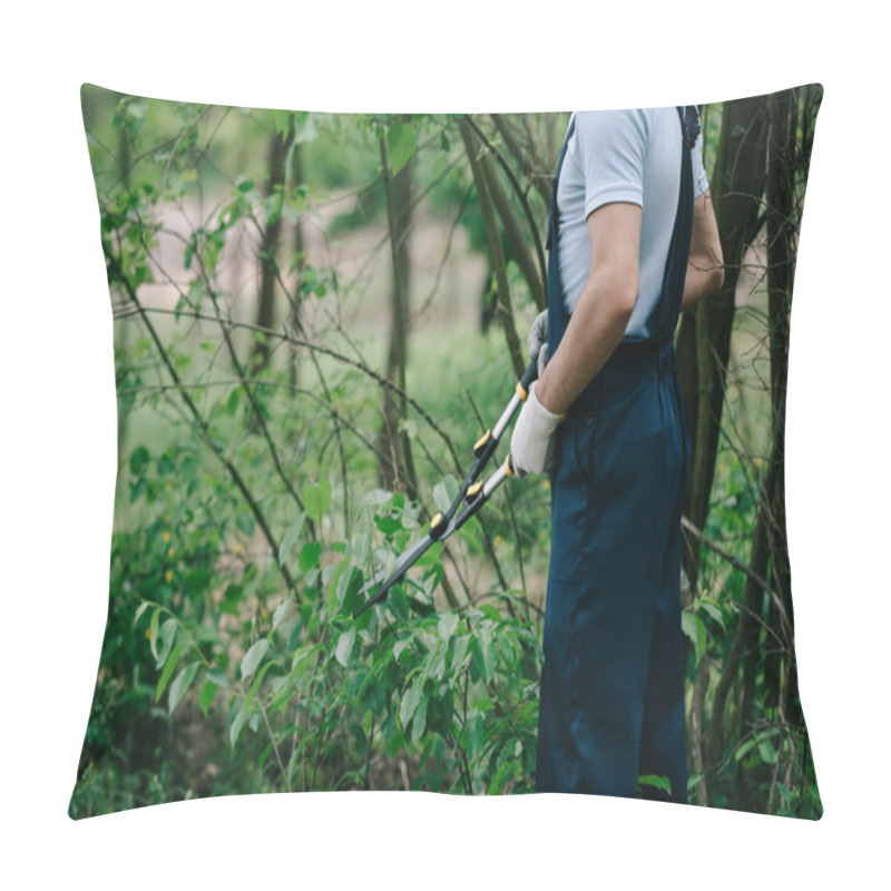 Personality  Cropped View Of Gardener In Overalls Cutting Bushes With Trimmer In Garden Pillow Covers