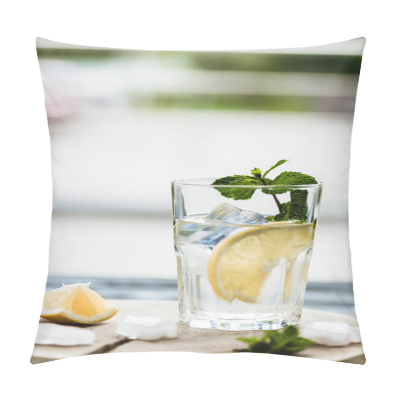 Personality  Close-up View Of Glass With Fresh Cold Summer Drink And Ice Cubes  Pillow Covers