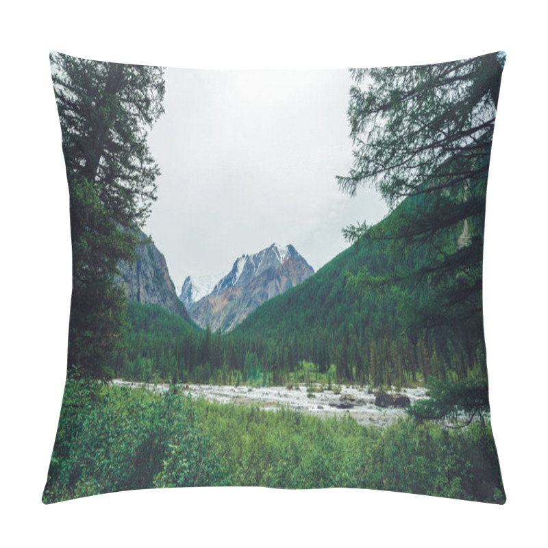 Personality  Mountain Creek Behind Coniferous Trees Against Giant Snowy Mountains. Water Stream In Brook. Rich Vegetation And Conifer Forest Of Highlands. Amazing Atmospheric Landscape Of Majestic Nature. Pillow Covers