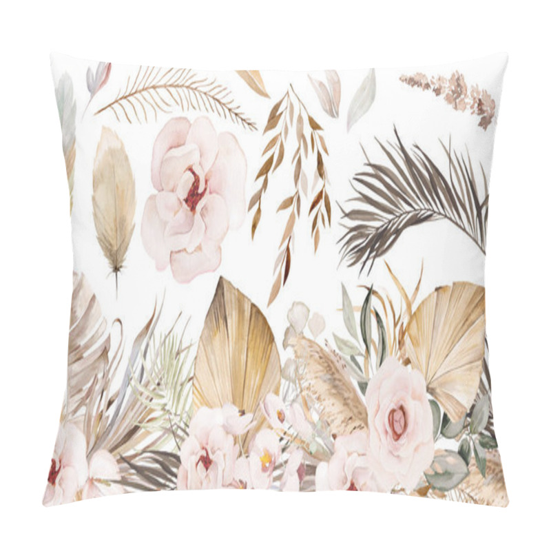 Personality  Watercolor Bohemian Seamless Border With Dried Tropical Leaves And Pampas Grass Illustration Isolated. Beige Elements For Wedding Design And Crafting Pillow Covers