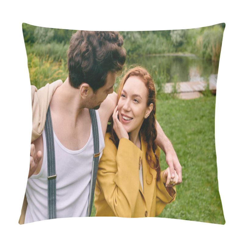 Personality  A Man And A Woman Stand Side By Side In A Green Park, Enjoying A Romantic Date Amidst A Serene Natural Setting. Pillow Covers