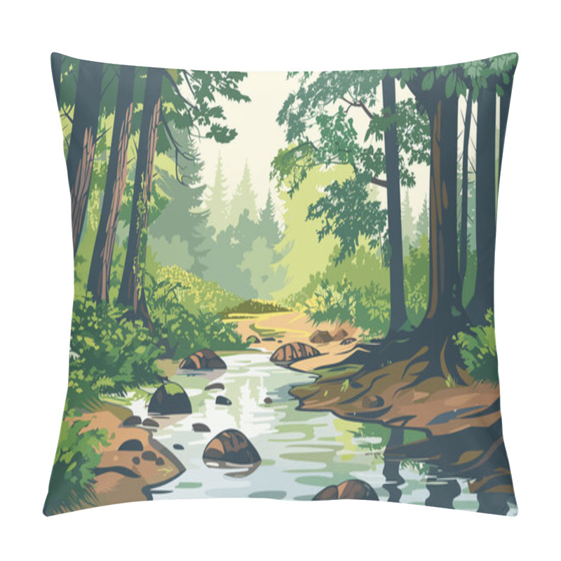 Personality  A Stream Of River Creek Flowing Across A Dense Green Forest, Illustration Vector Pillow Covers