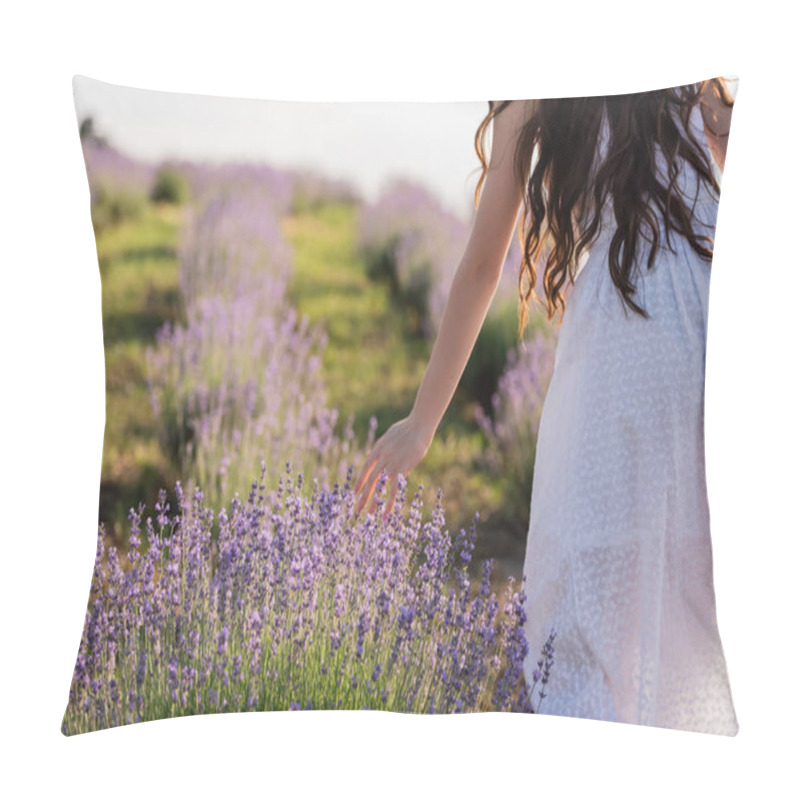 Personality  Cropped View Of Woman In White Dress Near Lavender In Field Pillow Covers