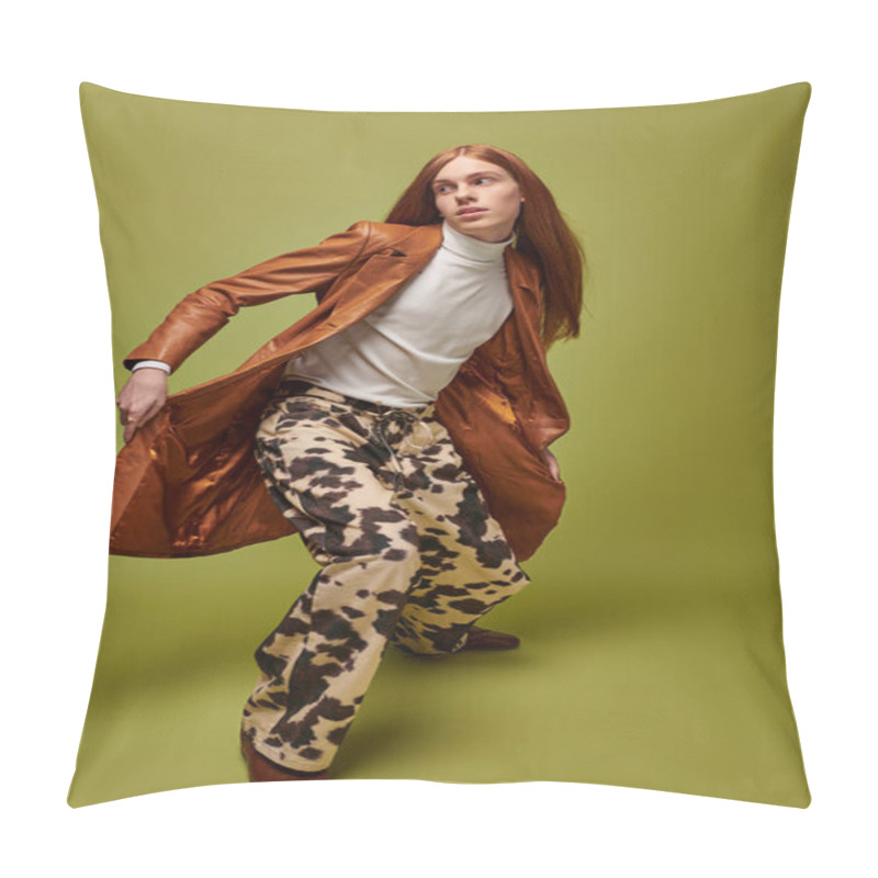 Personality  Emotional Young Man With Long Red Hair Poses Dramatically In A Lively Green Environment. Pillow Covers