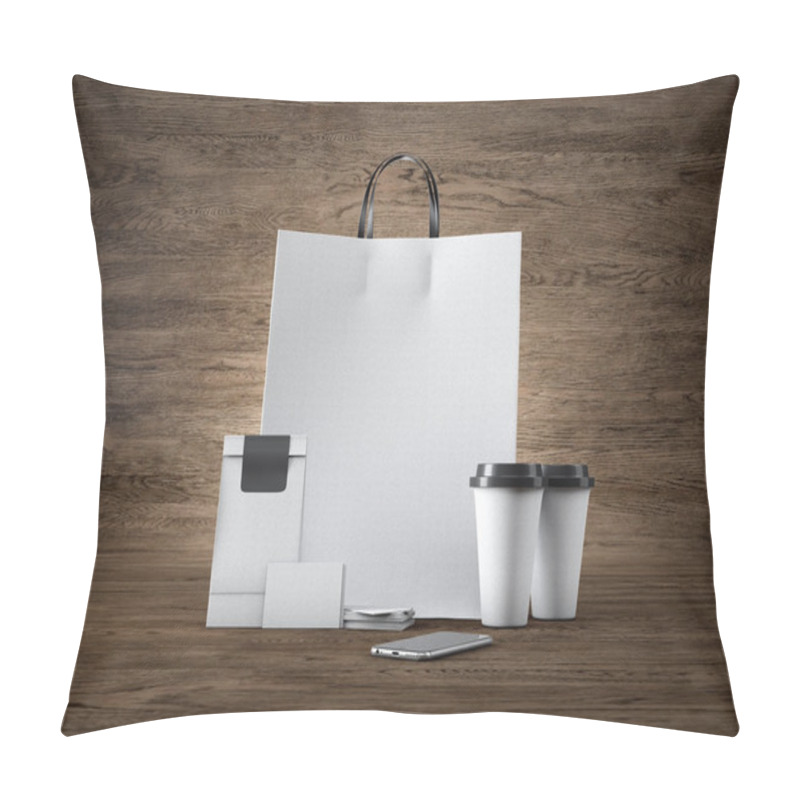 Personality  Set Of White Craft Shopping Bag, Two Coffee Cups, Business Cards And Generic Design Smartphone. Wood Background. 3d Render Pillow Covers