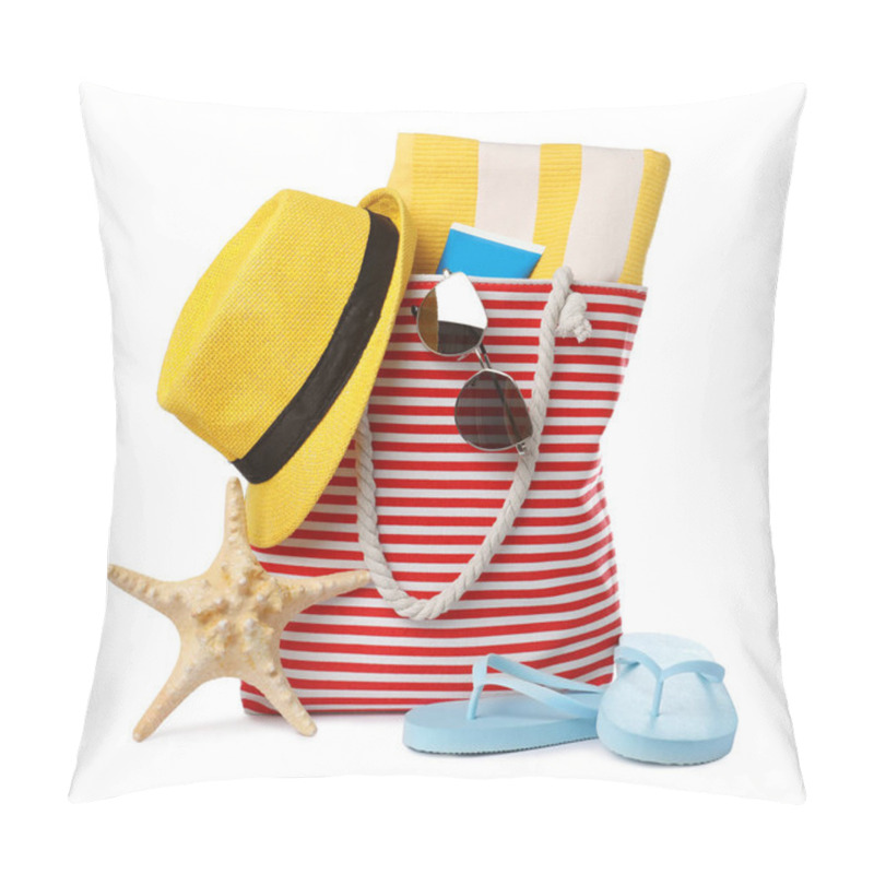 Personality  Stylish Bag With Beach Accessories Isolated On White Pillow Covers