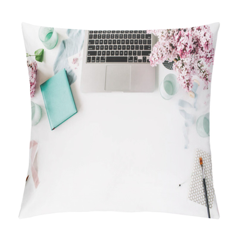 Personality  Workspace With Paintbrush, Laptop, Lilac Flowers Bouquet Pillow Covers