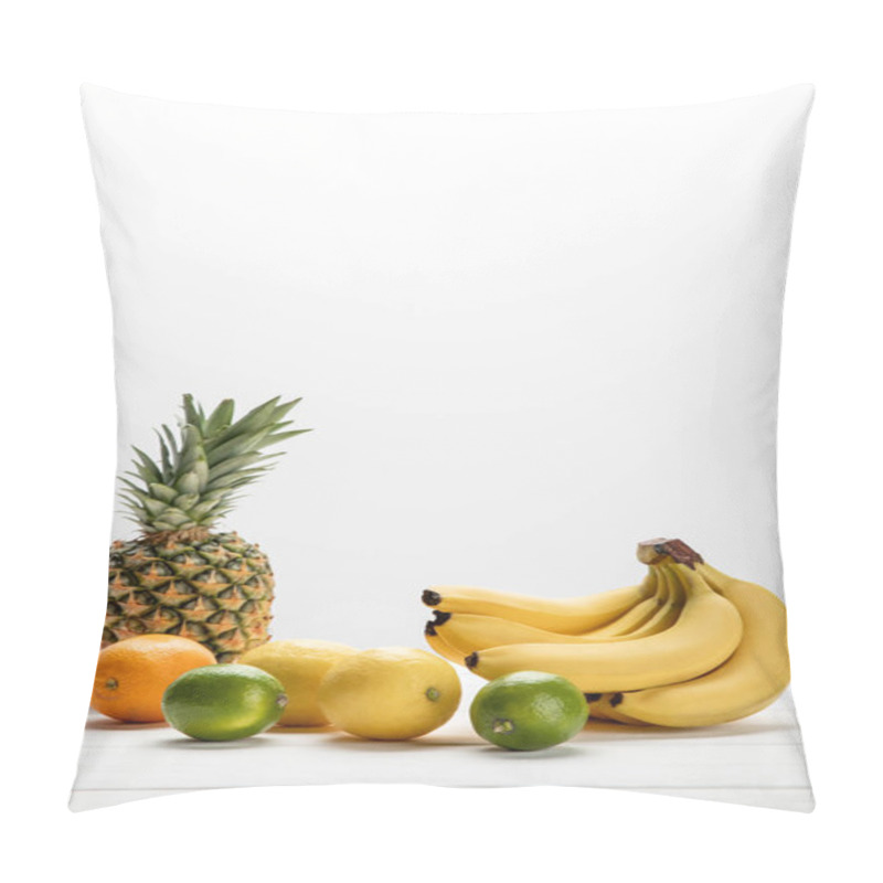 Personality  Yellow Bananas Near Sweet Pineapple, Lemons, Orange And Limes On White  Pillow Covers