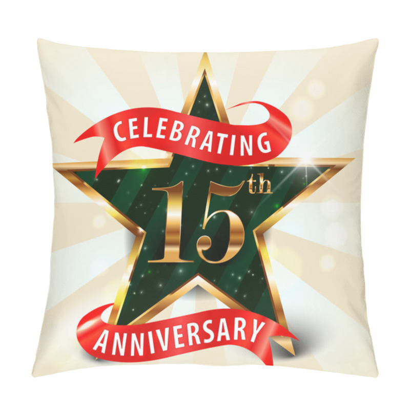 Personality  15 Year Anniversary Celebration Golden Star Ribbon, Celebrating 15th Anniversary Decorative Golden Invitation Card - Vector Eps10 Pillow Covers