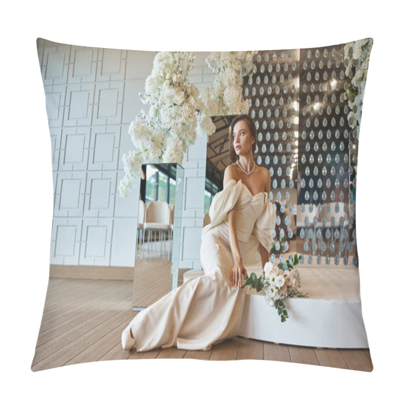 Personality  Full Length Of Bride In Elegant Wedding Dress Sitting Near White Floral Decor In Banquet Hall Pillow Covers