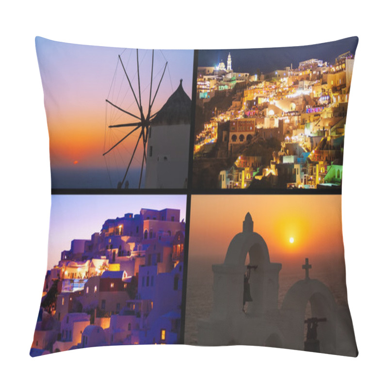 Personality  Night Lights And Magic Sunset In Greece, Oia. Collage. Pillow Covers