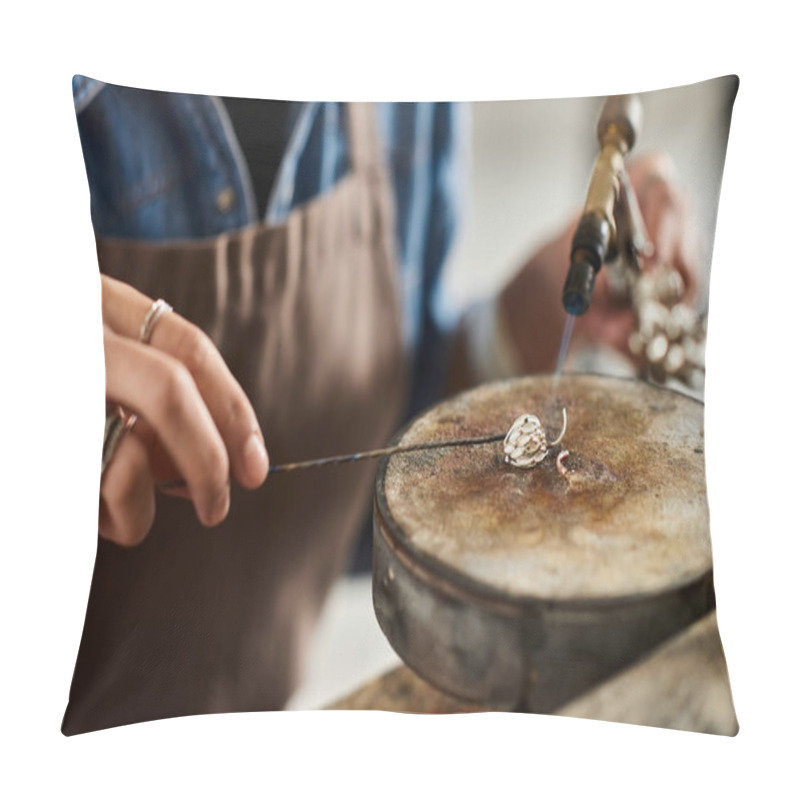 Personality  A Skilled Artisan Meticulously Shapes A Delicate Piece Of Jewelry In A Well Lit Workshop. Pillow Covers