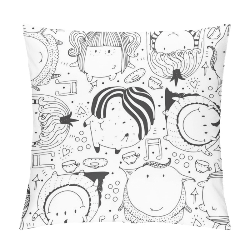 Personality  Seamless Vector Illustration With Cute And Lovely Doodle Monsters, Hearts And Decoration. Black And White Hand Drawn Childish Pattern. Cartoon Alien Characters Based On Sphere Shape. Pillow Covers