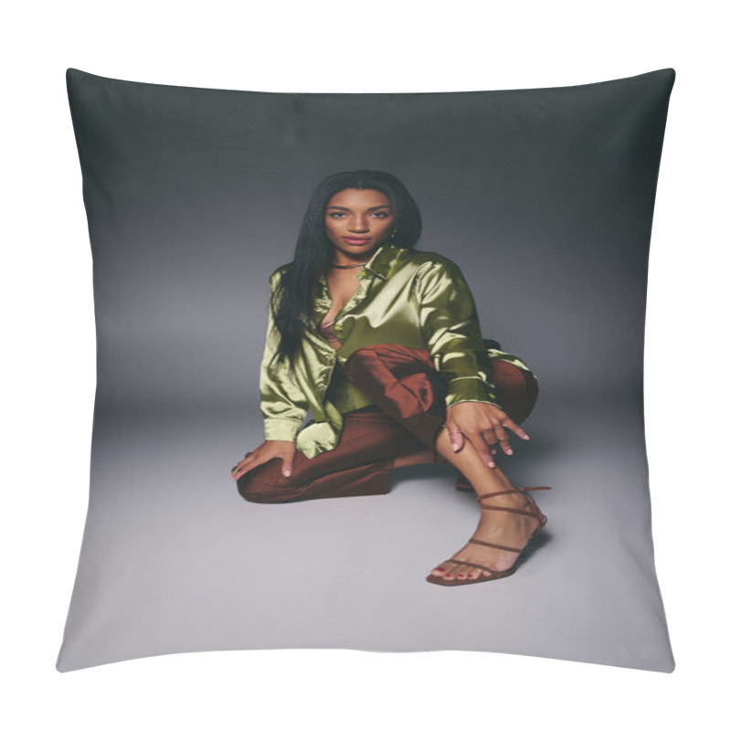 Personality  A Beautiful Young Woman Showcases Her Elegance In A Green Silk Shirt While Striking A Pose. Pillow Covers