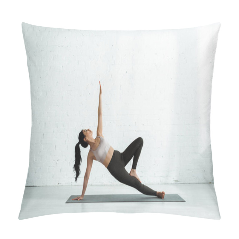 Personality  Peaceful Thai Woman Doing Exercise On Yoga Mat Near Brick Wall  Pillow Covers