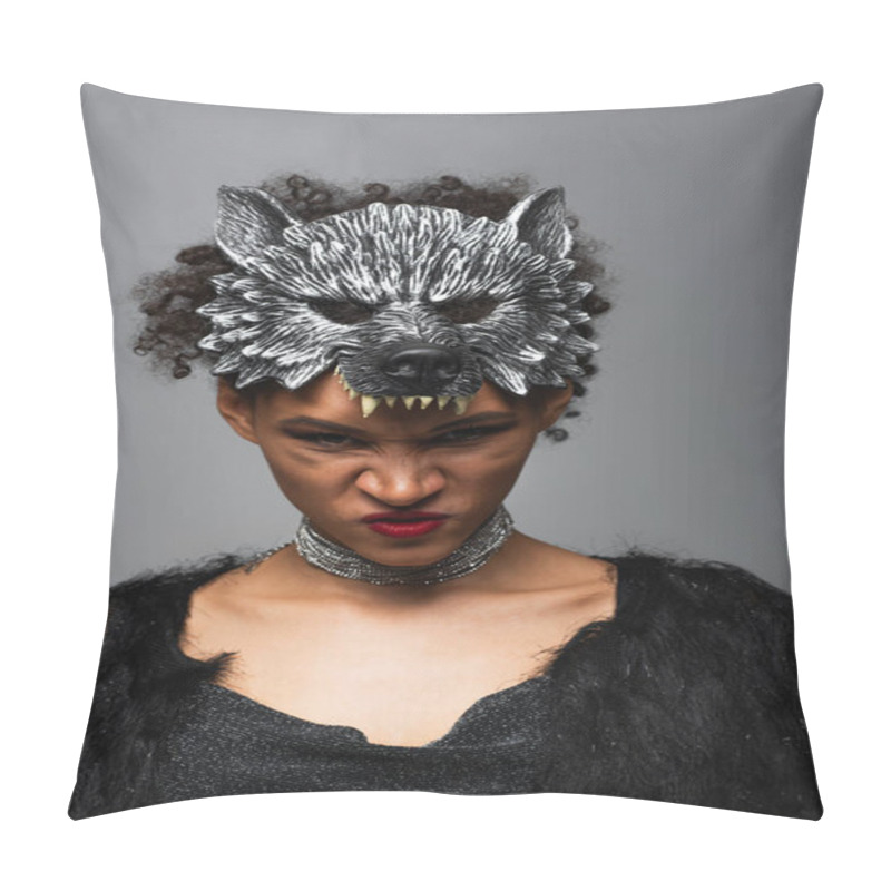 Personality  Angry African American Woman In Werewolf Halloween Mask Frowning At Camera Isolated On Grey Pillow Covers