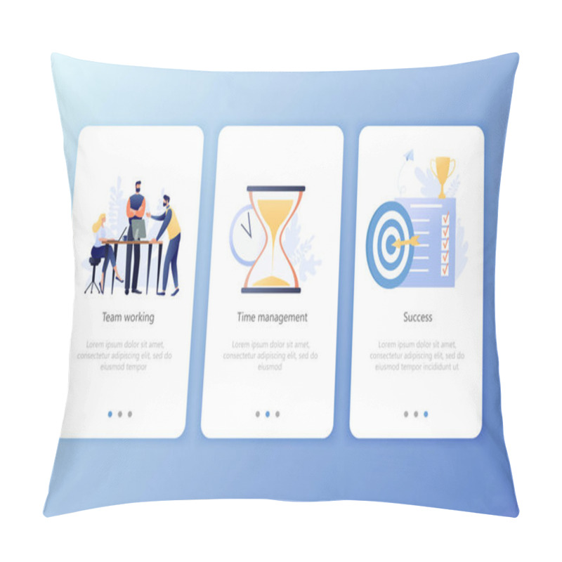 Personality  Teamwork, Time Management, Success. Set Of Onboarding Screens User Interface Kit. Mobile Application Templates. Website, Web Page. Modern UX, UI. Flat Business Concept Vector Illustration. Pillow Covers