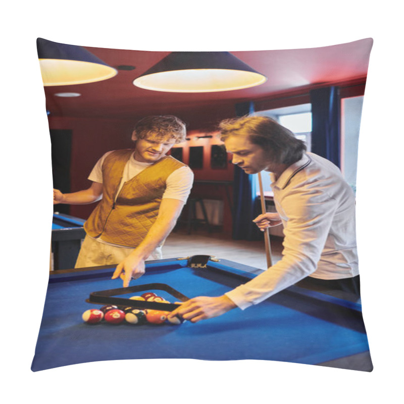 Personality  Friends Engage In A Friendly Game Of Billiards, Their Laughter Echoing Through The Stylish Bar. Pillow Covers