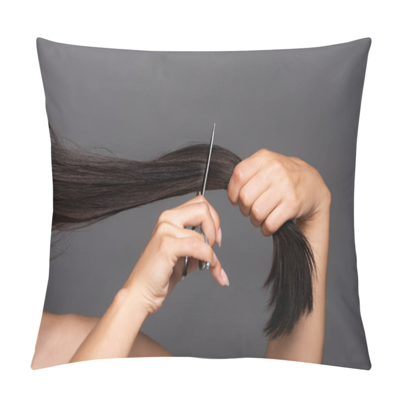 Personality  Cropped View Of Naked Brunette Woman Cutting Hair Isolated On Black Pillow Covers