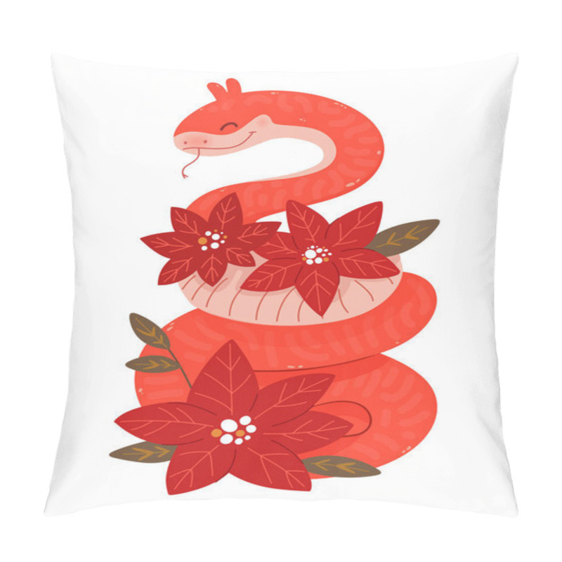 Personality  Chinese Snake With Christmas Star Poinsettia Flowers. Cute Character For Winter Holidays, Chinese New Year 2025 Zodiac Sign Vector Illustration. Pillow Covers