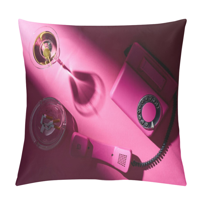 Personality  Top View Of Martini, Retro Telephone And Astray With Cigarette Butts On Pink Surface Pillow Covers