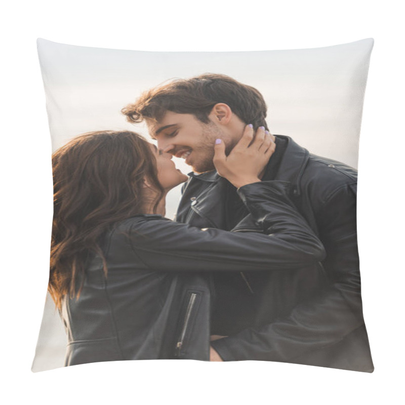 Personality  Brunette Woman Kissing And Touching Boyfriend In Leather Jacket Outdoors  Pillow Covers