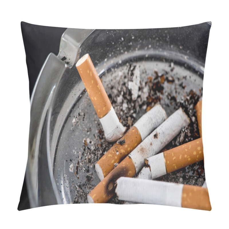 Personality  Close Up Shot Of Cigarette Butts In Glass Ashtray Pillow Covers