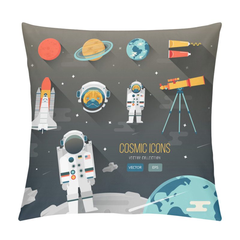 Personality  Vector Flat Education Space Illustration. Planets Of Solar System. Astronaut Of Space Program. Cute Character Pug. Space Shuttle. Telescope. Space Food. Planet Mars, Saturn, Earth. Space Icon Design Pillow Covers