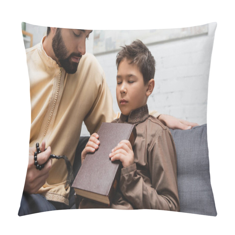 Personality  Muslim Man Holding Prayer Beads Near Preteen Son With Book On Couch At Home  Pillow Covers