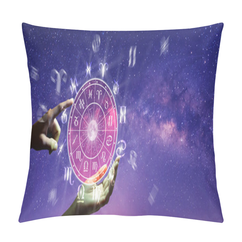 Personality  Astrological Zodiac Signs Inside Of Horoscope Circle. Astrology, Knowledge Of Stars In The Sky Over The Milky Way And Moon. The Power Of The Universe Concept. Pillow Covers