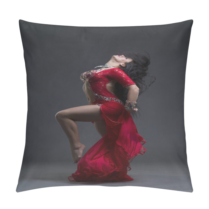 Personality  Young Beautiful Exotic Eastern Women Performs Belly Dance In Ethnic Red Dress On Gray Background Pillow Covers