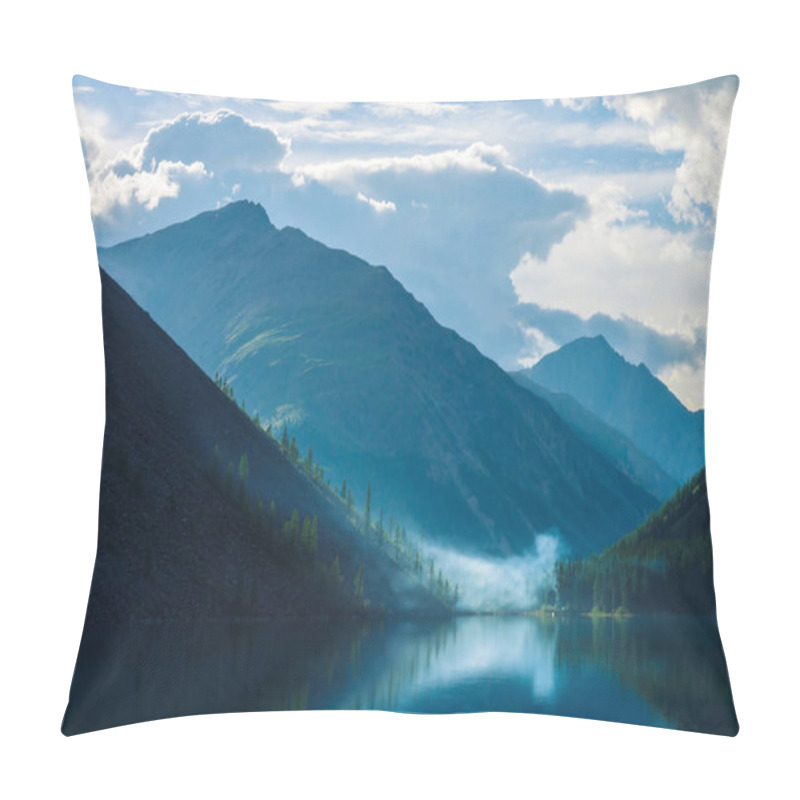 Personality  Ghostly Mountain Lake In Highlands At Early Morning. Beautiful Misty Silhouettes Of Mountains And Clouds Reflected In Clear Water Surface. Smoke Of Campfires. Amazing Landscape Of Majestic Nature. Pillow Covers