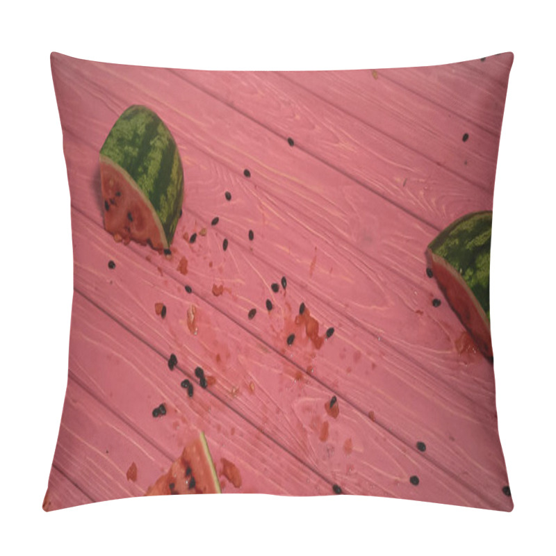 Personality  Top View Of Crushed Watermelon Near Seeds On Pink Surface Pillow Covers