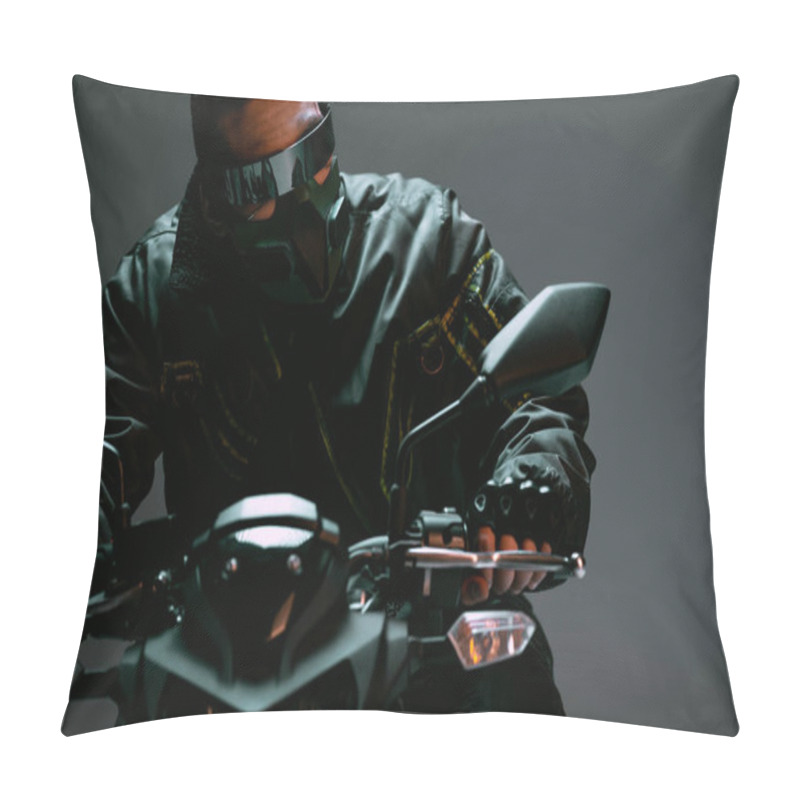 Personality  Selective Focus Of Bi-racial Cyberpunk Player In Mask And Futuristic Glasses Riding Motorcycle On Grey  Pillow Covers