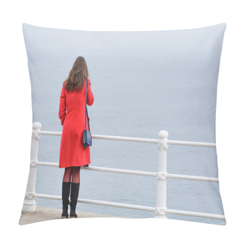 Personality  Woman With Red Coat With Black Boots Sitting In Front Of Sea. Yo Pillow Covers