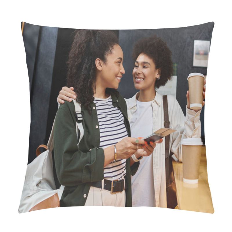 Personality  A Joyful Couple Engages As They Check In At A Lively Hostel Reception, Coffee Cups In Hand. Pillow Covers