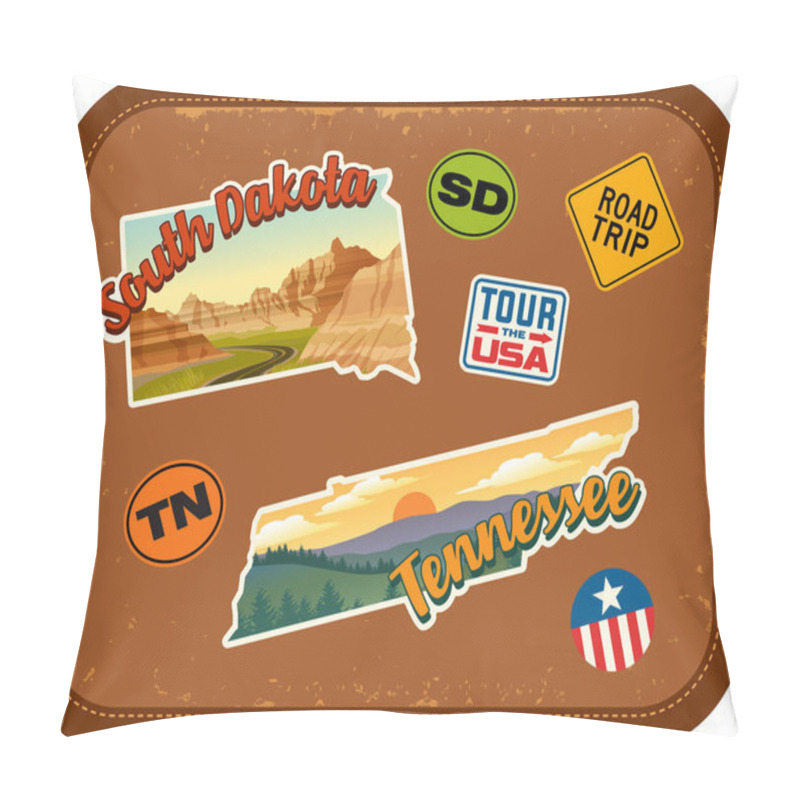 Personality  South Dakota, Tennessee Travel Stickers With Scenic Attractions And Retro Text On Vintage Suitcase Background Pillow Covers