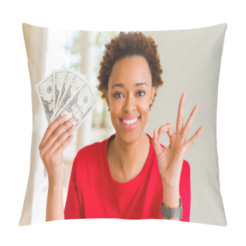 Personality  Young African American Woman Holding Bank Notes Of Twenty Dollars Doing Ok Sign With Fingers, Excellent Symbol Pillow Covers