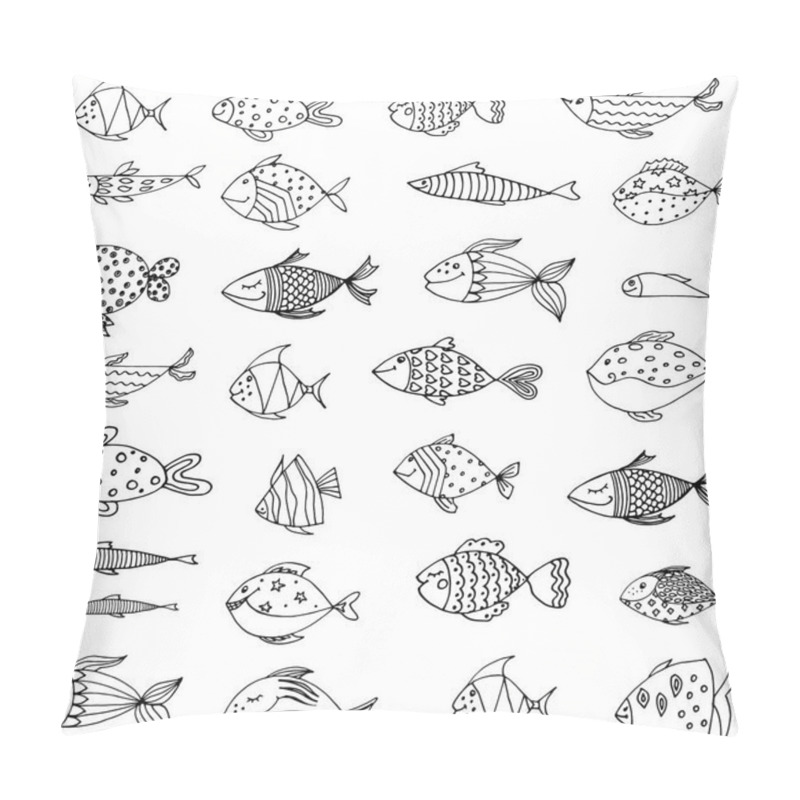 Personality  Set Of Black And White Vector Drawings Of Various Cartoon Funny Fish Pillow Covers