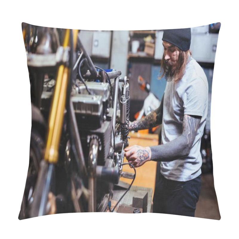 Personality  Tattooed Mechanic Assembling Motorcycle In Garage Pillow Covers