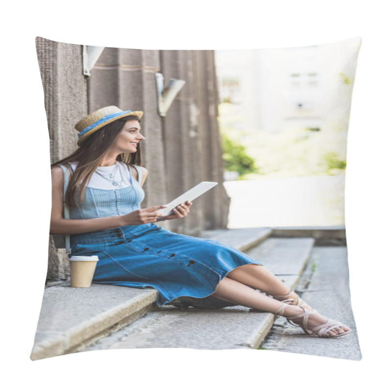 Personality  Young Smiling Woman With Tablet And Coffee To Go Resting On Steps On Street Pillow Covers