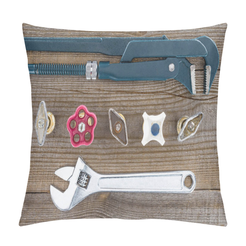 Personality  Top View Of Plumber Wrenches And Various Plumbing Valves On Rustic Wooden Tabletop Pillow Covers